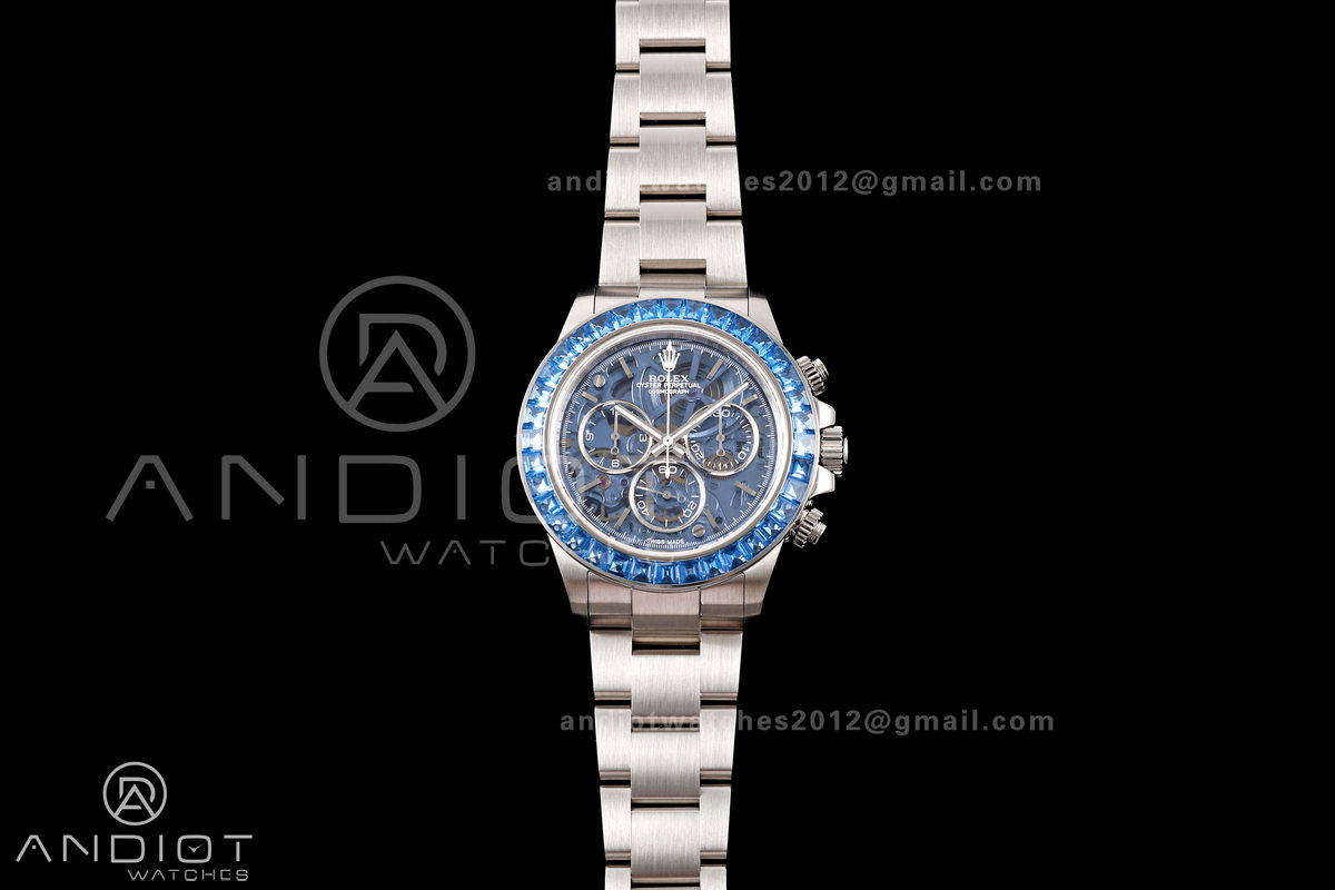 Daytona Arolla SONIC Best Edition Blue Crystal Skeleton Dial White Diamonds Bezel on SS Oyster Bracelet SA4130